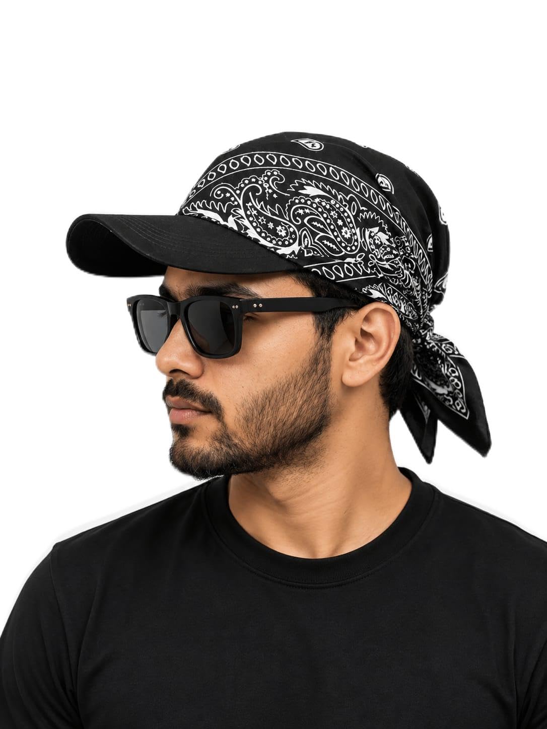 Buy Black Cotton Bandana Cap | 2-in-1 Design, Sun-Shielding Brim